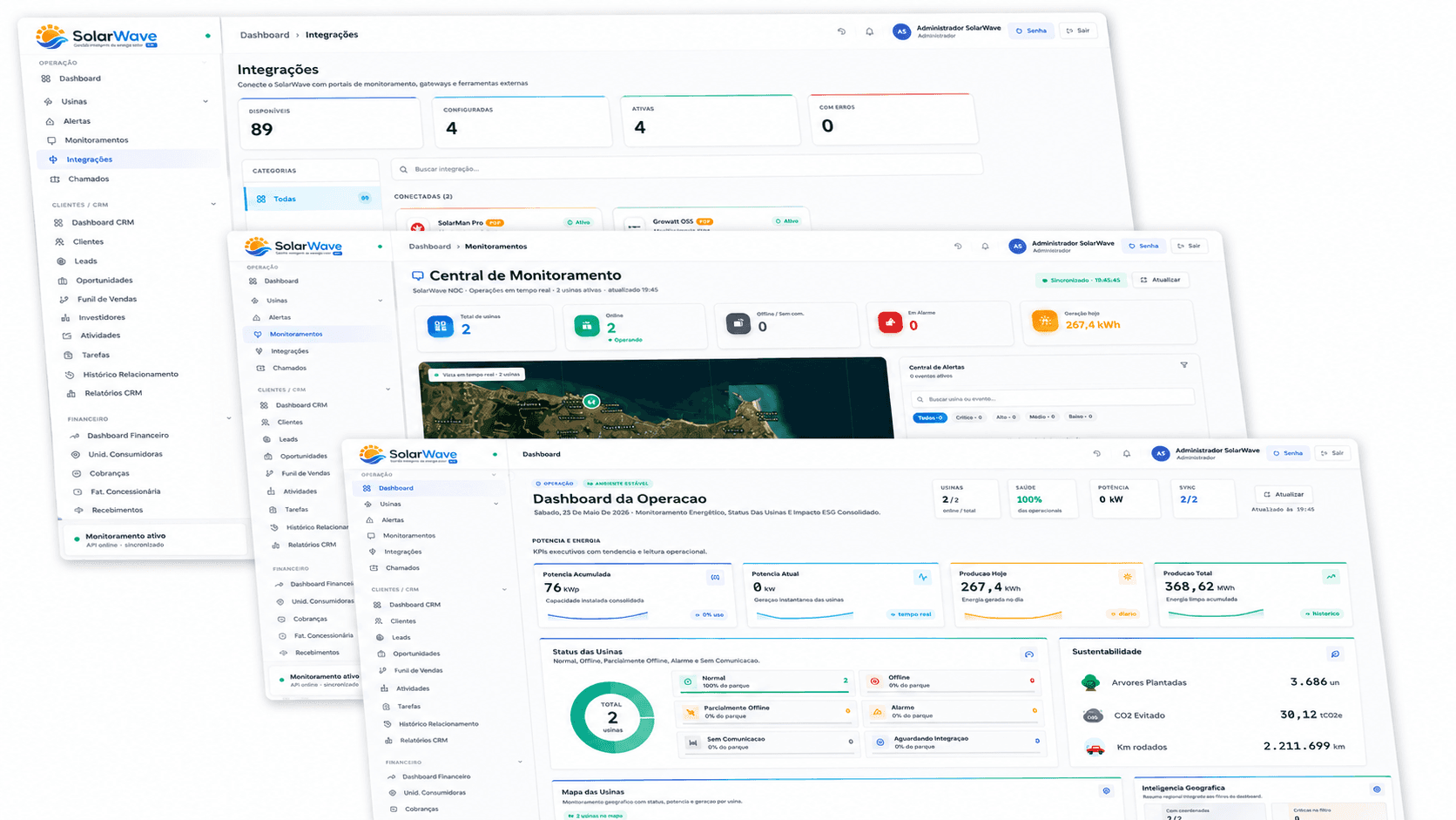 Telas reais do SolarWave ERP com dashboard operacional, monitoramento e integrações